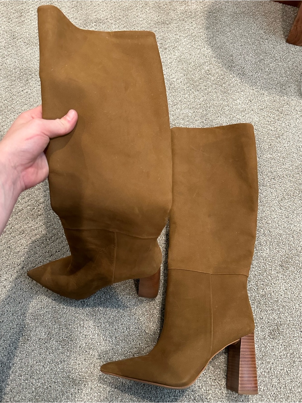 Franco Sarto Tall Pointed-Toe Suede Boots in Cognac Brown